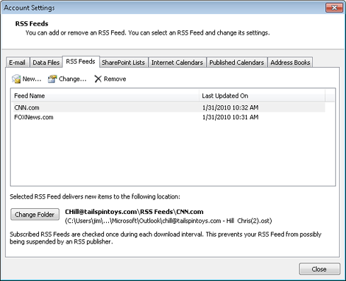 Select the RSS Feeds tab to change an RSS feed configuration.