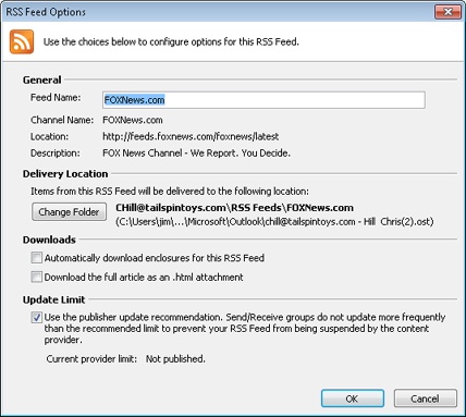 The RSS Feed Options dialog box lets you control the name, the storage location, and how the RSS download is managed.