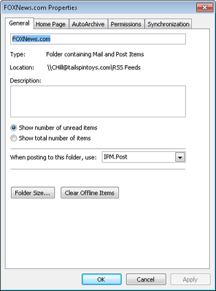 The General tab of the RSS Feeds Properties dialog box enables setting RSS folder properties.