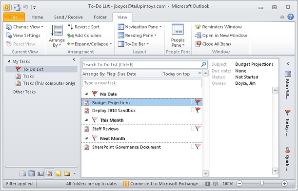 Outlook 2010 uses a simple To-Do list as the default Tasks folder view.