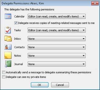 Use the Delegate Permissions dialog box to control the visibility of private items.