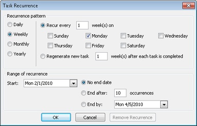 Create recurring tasks by using the Task Recurrence dialog box.