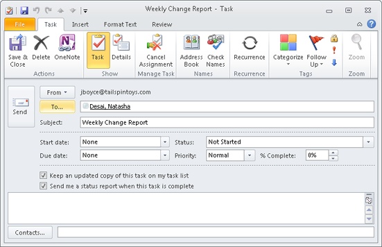 Outlook 2010 offers additional options when you assign a task to someone else.