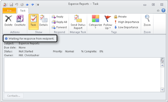 Outlook 2010 indicates that it is waiting for a response to a task request for a selected task.