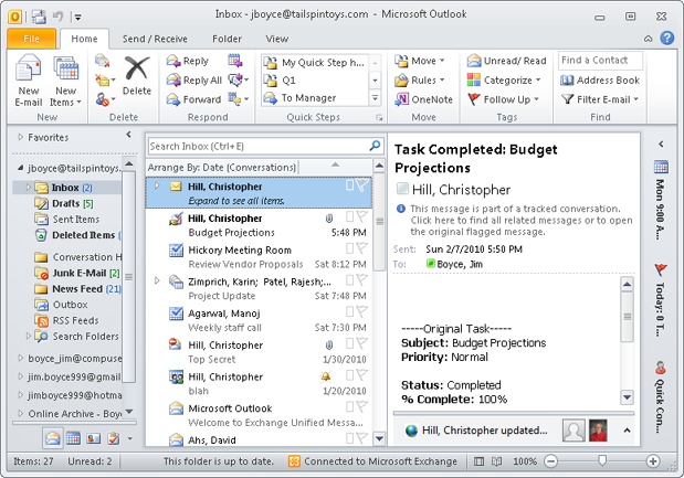 Outlook 2010 generates a Task Completed message when an assignee marks a task as completed.