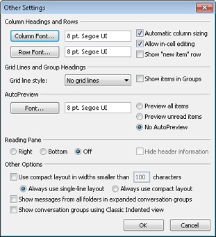 Configure font properties for the Tasks folder in the Other Settings dialog box.