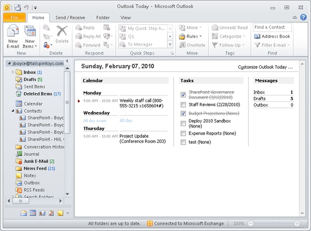 Outlook Today offers quick access to a range of information.