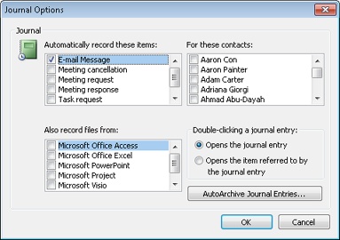 The Journal Options dialog box contains customization choices for the journal.