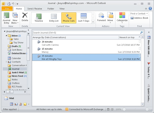 Use Phone Calls view to organize the Journal folder according to journal items associated with phone calls.