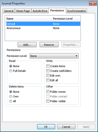 Share a Journal folder by using the Permissions tab in the Journal Properties dialog box.