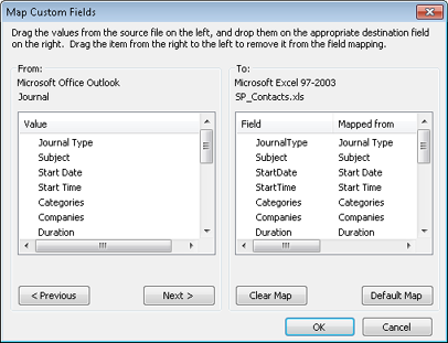 Connect journal fields to fields in the exported file in the Map Custom Fields dialog box.