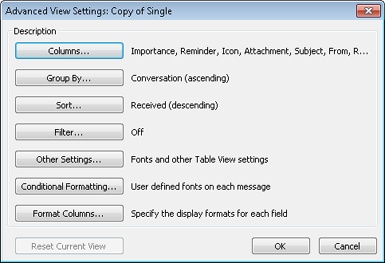 The Advanced View Settings dialog box lets you access the functions that you can use to define your custom view.