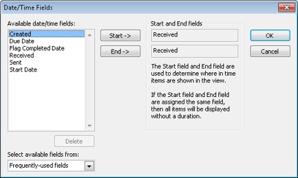 In the Date/Time Fields dialog box, specify the date fields used to show duration.