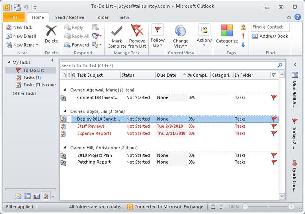 In this view, tasks are grouped by owner and then sorted by due date.