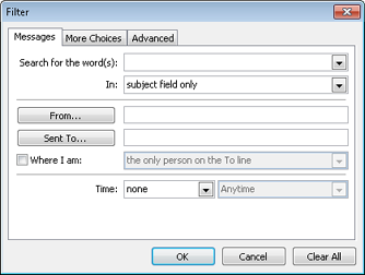 Specify conditions for the rule in the Filter dialog box.