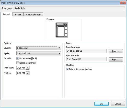 Use the Page Setup dialog box to specify properties for the print style.