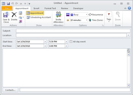 The appointment form is one of the standard forms that you can use in Outlook 2010.