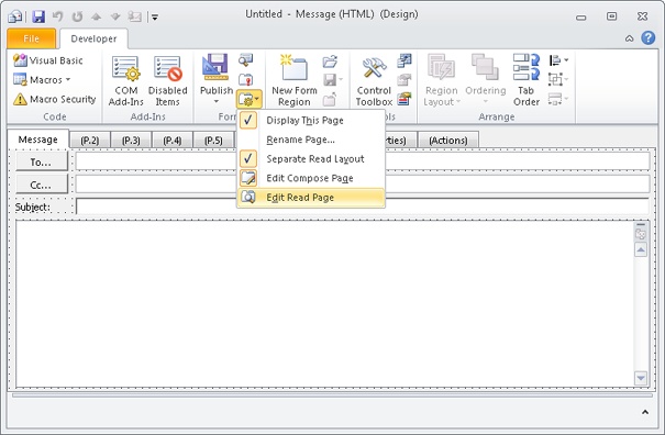 Use the Edit Compose Page and Edit Read Page options located in the Page menu to switch between compose and read views of the form.