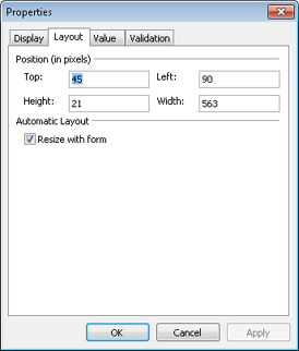 Use the Layout tab to set the position and size of a control.