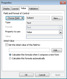 Use the options on the Value tab to set the field and format for a control.