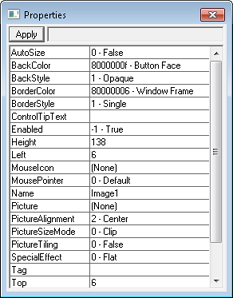 Use the Properties dialog box to select a picture to insert into the image control.