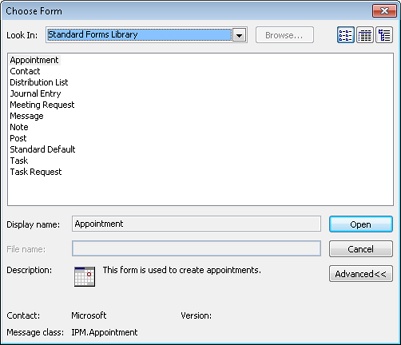 Select a custom form in the Choose Form dialog box by first selecting its location.