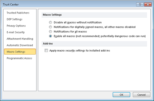 You can set the security level for macros in the Trust Center.