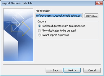 On the Import Outlook Data File page, specify the name of the file that you want to import.