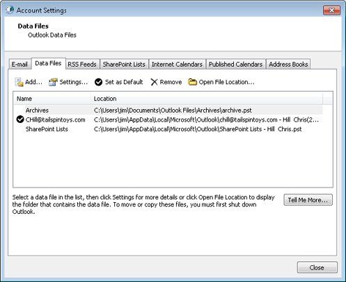 The Data Files tab of the Account Settings dialog box lists message stores in use.