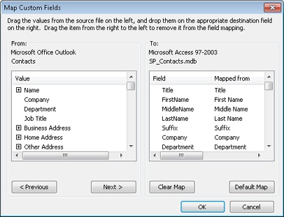 Use the Map Custom Fields dialog box to map fields for export into an Access database.