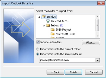 Select the folder on the Import Outlook Data File page.