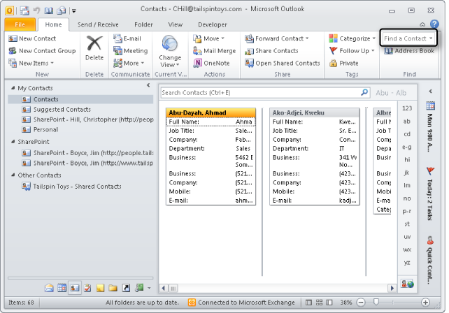 The Find a Contact box allows you to find a contact entry quickly.