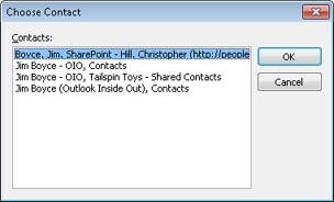 Select a contact when Outlook 2010 finds more than one that fits your search criteria.