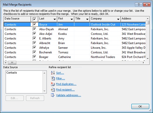 Select contacts to include in the mail merge from the Mail Merge Recipients dialog box.