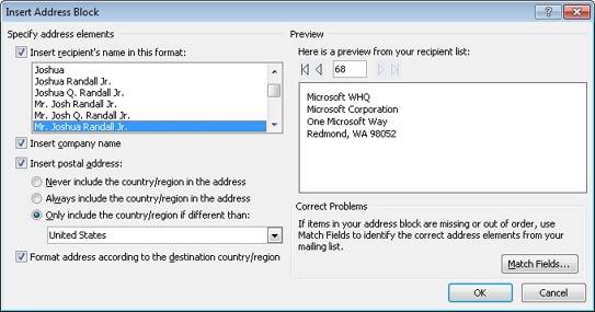 Set the address block fields in this dialog box.