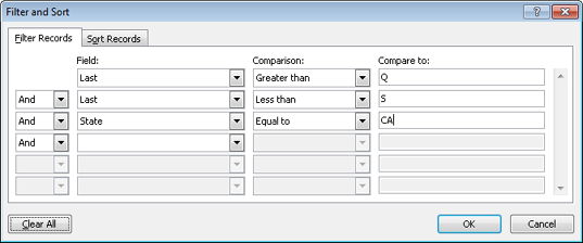 These settings select all contacts whose names start with R and whose addresses are in California.