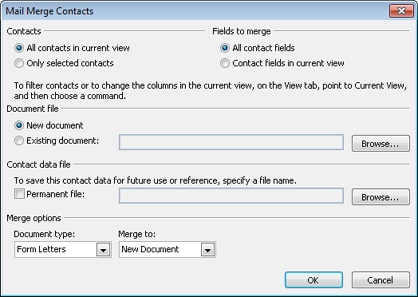 Use the Mail Merge Contacts dialog box to choose which contacts and fields to include in the merge.