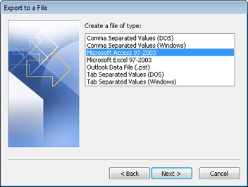 The Import And Export Wizard enables you to export to an Access 2010 file.