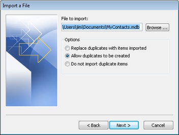 Specify the Access file to import and how Outlook 2010 should handle duplicates during the import process.