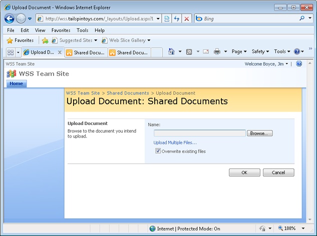 The Upload Document page is used to upload files to the document library.