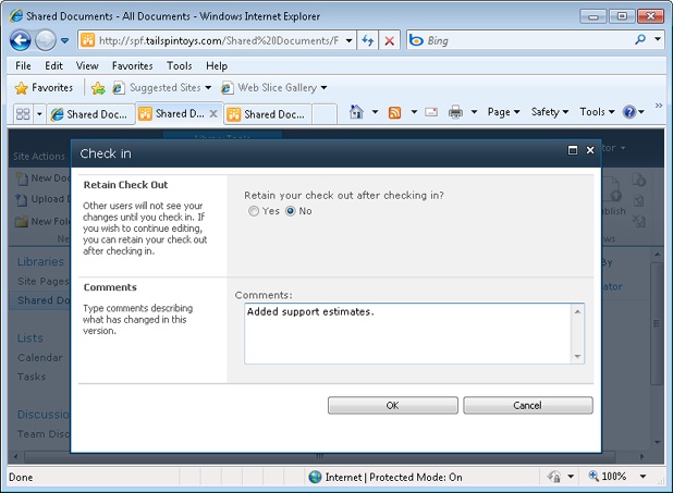 The Check In page is used to check in a document.