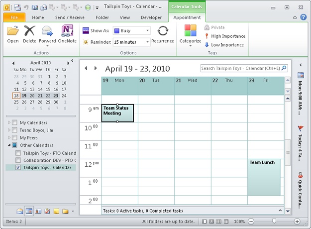 The calendar linked from the SharePoint site is shown in Outlook 2010.