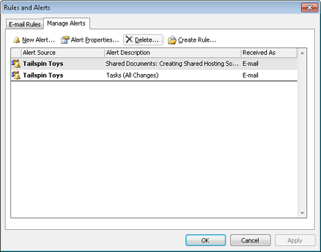 The Manage Alerts tab in the Rules And Alerts dialog box is used to manage SharePoint alerts directly from within Outlook 2010.