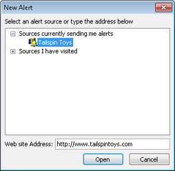 Select the SharePoint site in which to create the new alert in the list in the New Alert dialog box.