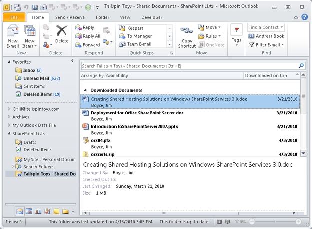 Outlook 2010 displays the connected library as a SharePoint Lists item.