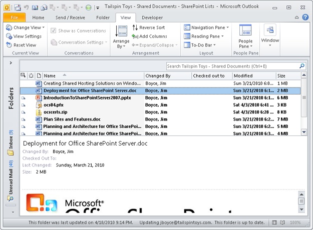 Outlook 2007 shows file details for files connected from SharePoint.