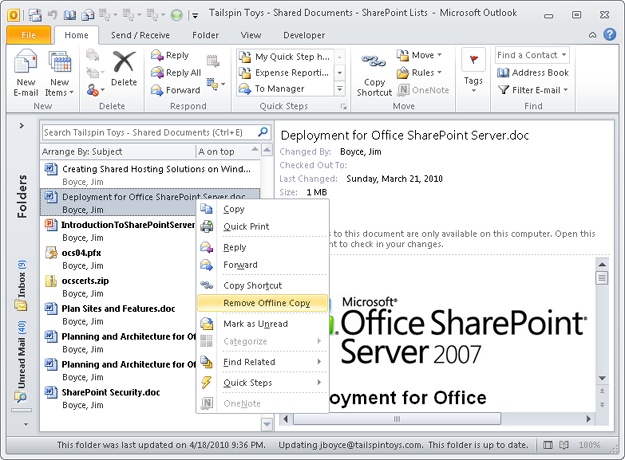 You can remove an offline file from Outlook 2010 but keep it on your SharePoint site.