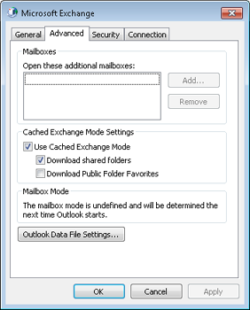 Use the Advanced tab to configure additional mailboxes, Cached Exchange Mode, and offline file settings.