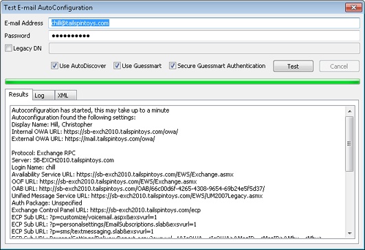 Use the Test E-Mail AutoConfiguration dialog box to test AutoDiscover functionality.