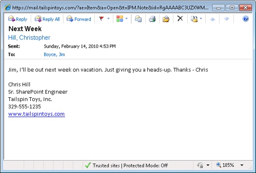 Outlook Web App displays messages in a separate window.